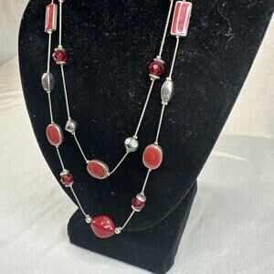 Station Necklace Multistrand Red Enamel and Faceted Bead Costume Jewelry 32"